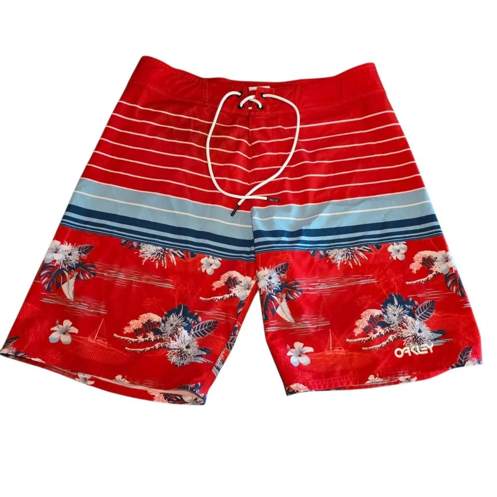 Oakley Mens‎ Red Floral Stripe Wave Board Shorts Swim Trunks Retro Size 33 NWOT